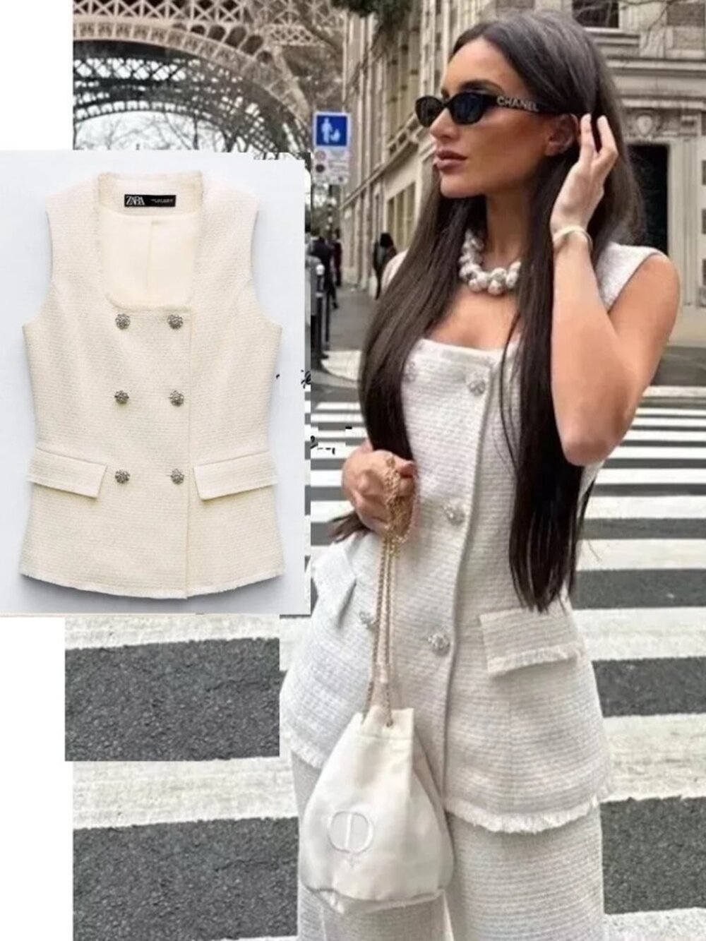 Zara Tweed Metallic Thread Vest With Jeweled Buttons Ecru White Sz XS NWT